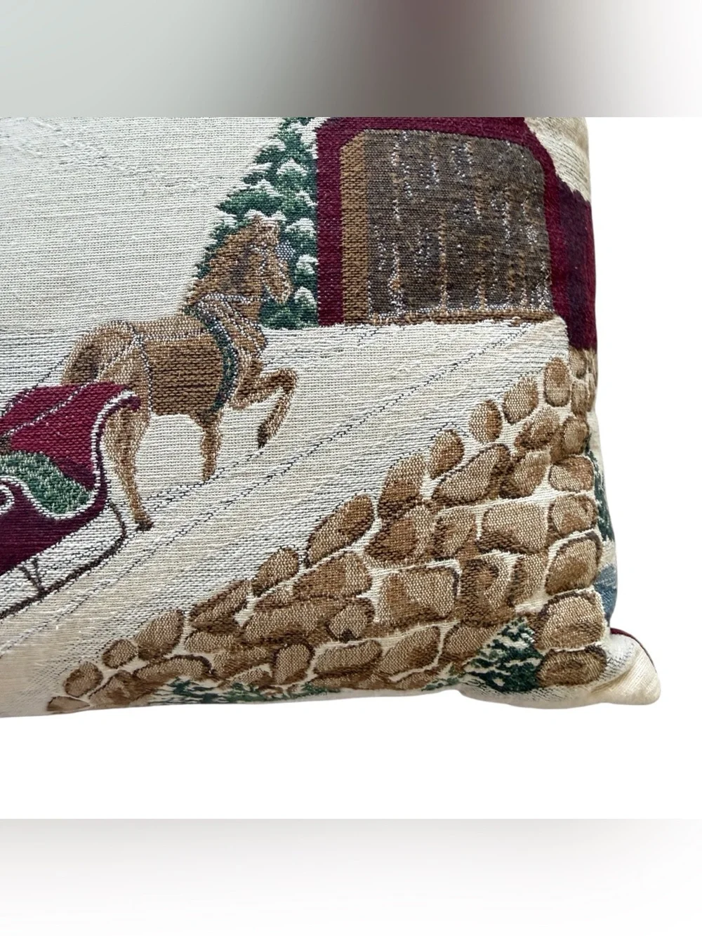 Vintage Christmas Tapestry Pillow Horse Sleigh Covered Bridge Winter Farm 15x15